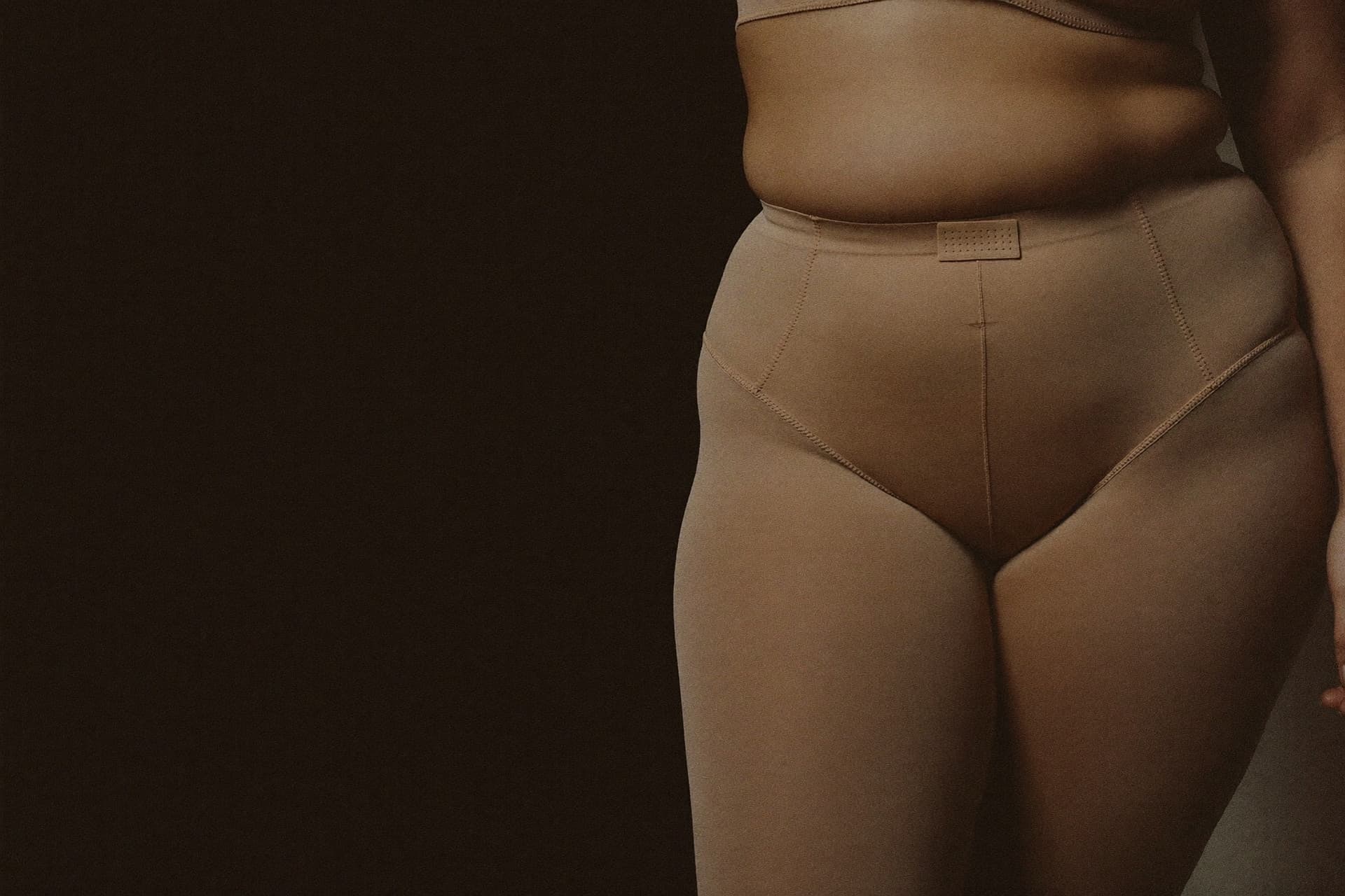 Full-length editorial portrait, Sculpt High-Waist Brief in Sand